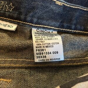 Cinch Fast Back Dark Blue Denim. Like brand new. 35x36 no holes or stains